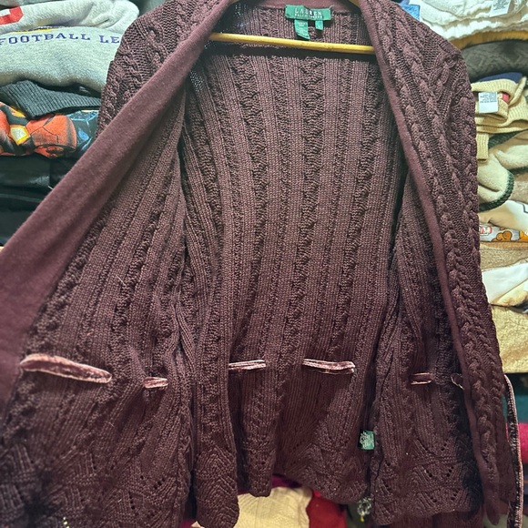 Ralph Lauren Maroon Cable Knit Sweater Cardigan Velvet Belt Large Bell Sleeve - Picture 4 of 8